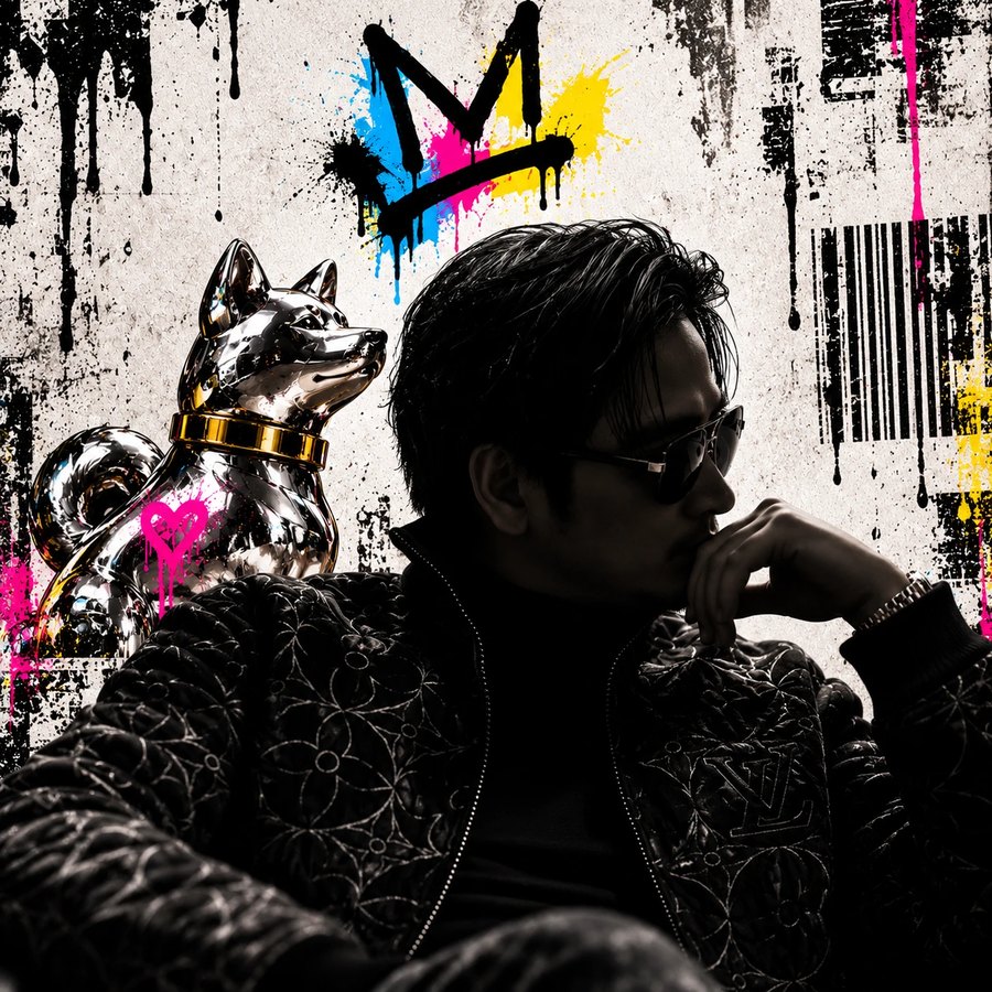 DingDaVinci in sunglasses and a dark quilted jacket, hand at his chin, beside a chrome dog with a gold collar under a spray-painted crown